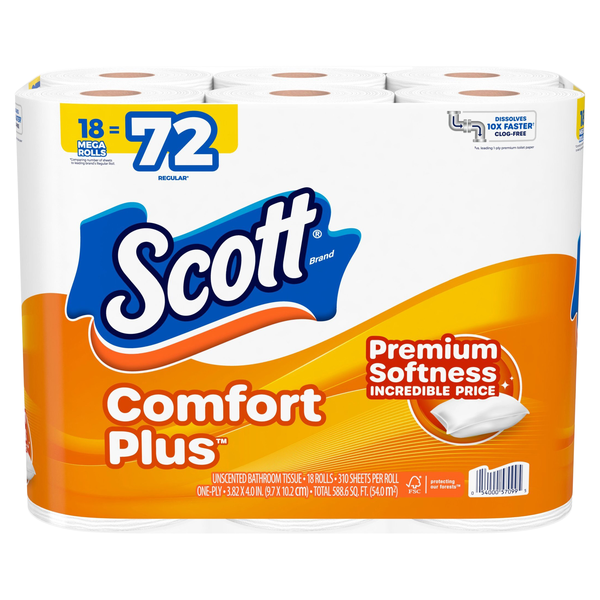 Scott Comfort Plus Mega Roll 1-Ply Toilet Paper Unscented - 18 ct