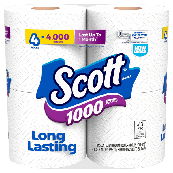 Scott 1000 1-Ply Toilet Paper Unscented - 4 ct