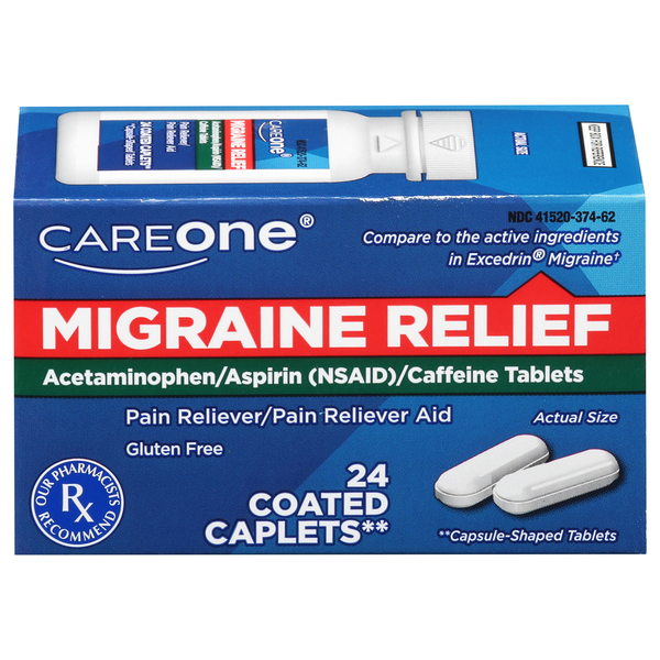 CareOne Migraine Relief Pain Reliever Coated Caplets Gluten Free