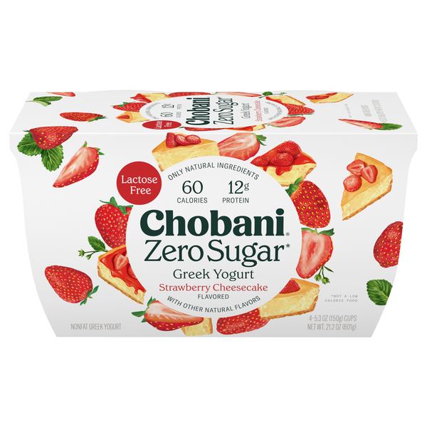 Save on Chobani Zero Sugar Non Fat Strawberry Cheesecake Greek Yogurt