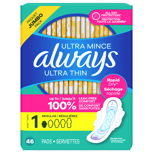 Always Ultra Thin Size 1 Unscented Regular Pads with Wings