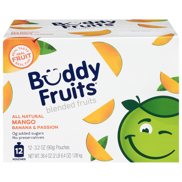 Buddy Fruits Mango Banana & Passion Blended Fruit Pouches - 12 ct