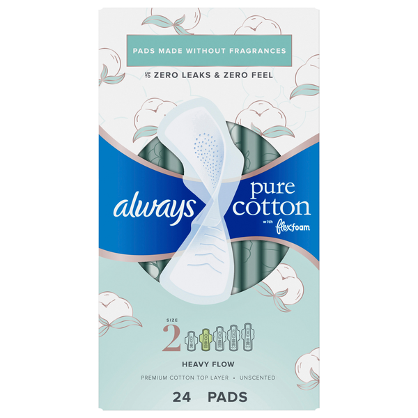 Always Pure Cotton Size 2 Unscented Heavy Flow Pads with Wings
