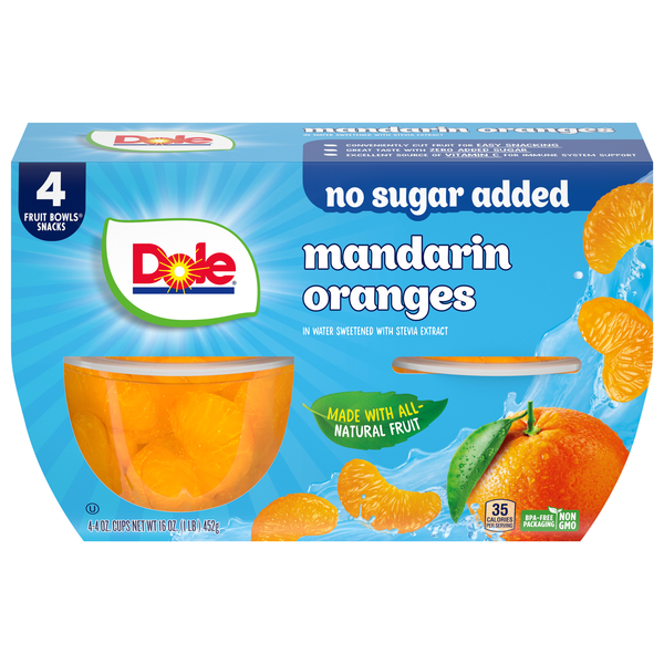 Dole No Sugar Added Mandarin Oranges Fruit Cups in Sweetened Water - 4 ct