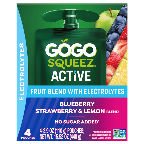 GoGo squeeZ Active Blueberry Strawberry & Lemon Pouches - 4 ct