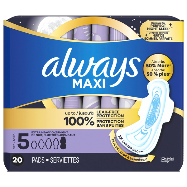 Always Maxi Size 5 Unscented Extra Heavy Overnight Pads with Wings