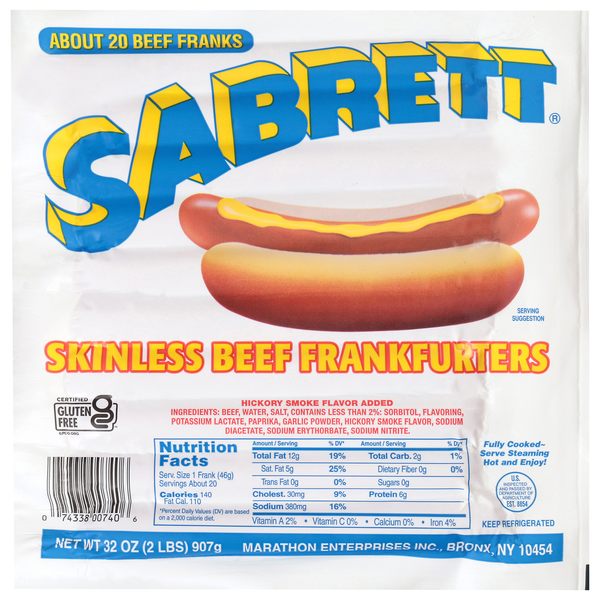 Sabrett Skinless Beef Frankfurters - apx 20 ct