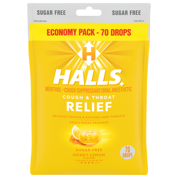 Halls Sugar Free Honey Lemon Cough & Throat Relief Drops