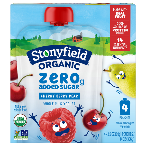 Stonyfield Organic Kids Cherry Berry Pear Whole Milk Yogurt Pouches - 4 ct