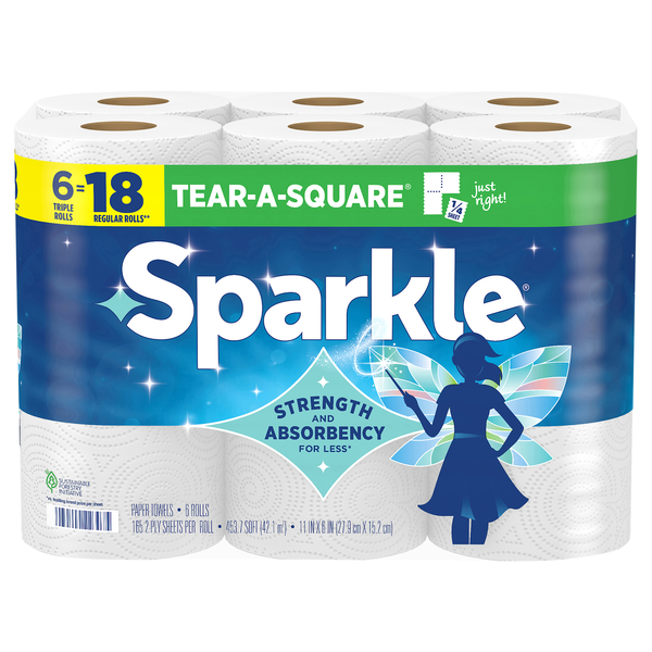 Sparkle Tear-A-Square White Triple Rolls 2-Ply Paper Towels - 6 ct