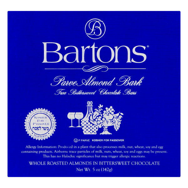 Bartons Parve Almond Bark Bittersweet Chocolate Candy Kosher For Passover