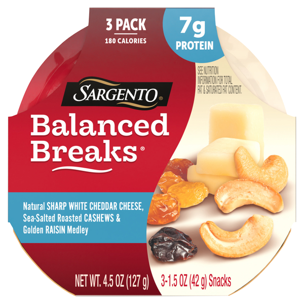 Sargento Balanced Breaks Sharp White Cheddar Cheese Cashews Raisins - 3 ct