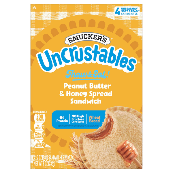 Smucker's Uncrustables Peanut Butter & Honey Spread Sandwich - 4 ct Frozen