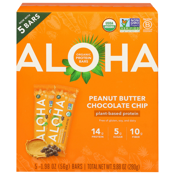 ALOHA Organic Peanut Butter Chocolate Chip 14g Plant-Based Protein Bar 5ct