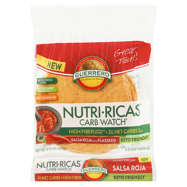Save on Guerrero NutriRicas Flour Tortillas Salsa Roja with Flaxseed
