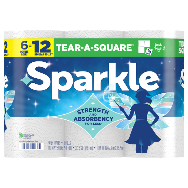 Sparkle Tear-A-Square White Double Rolls 2-Ply Paper Towels - 6 ct