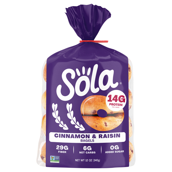 Sola 14g Protein Keto Friendly High Fiber Cinnamon & Raisin Bagels - 4 ct