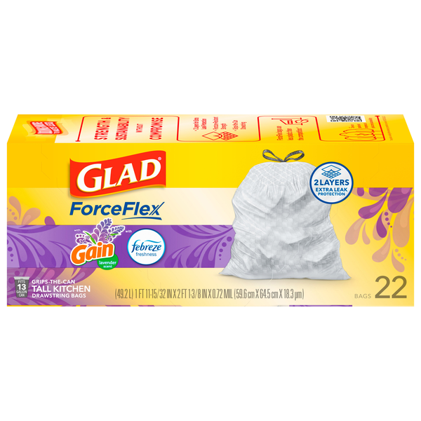 Glad ForceFlex Gain Lavender Scent with Febreze Tall Kitchen Trash Bags