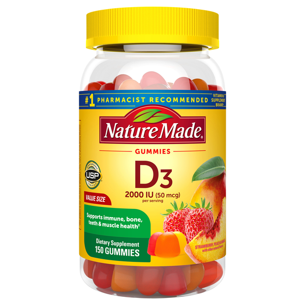 Nature Made Vitamin D3 50 mcg Supplement Gummies Strawberry Peach Mango