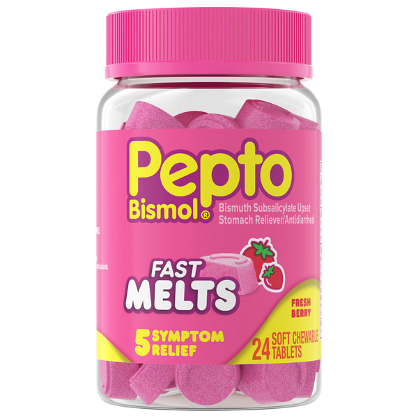 Pepto Bismol Fast Melts 5 Symptom Relief Fresh Berry Soft Chewable Tablets