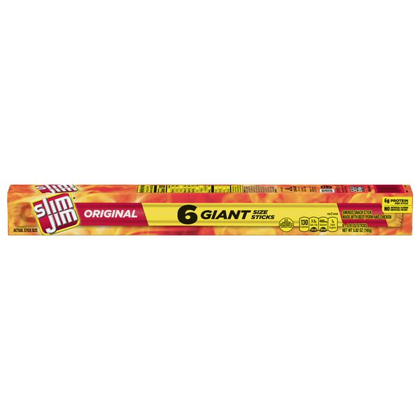 Slim Jim Original Protein Smoked Giant Size Meat Sticks - 6 ct