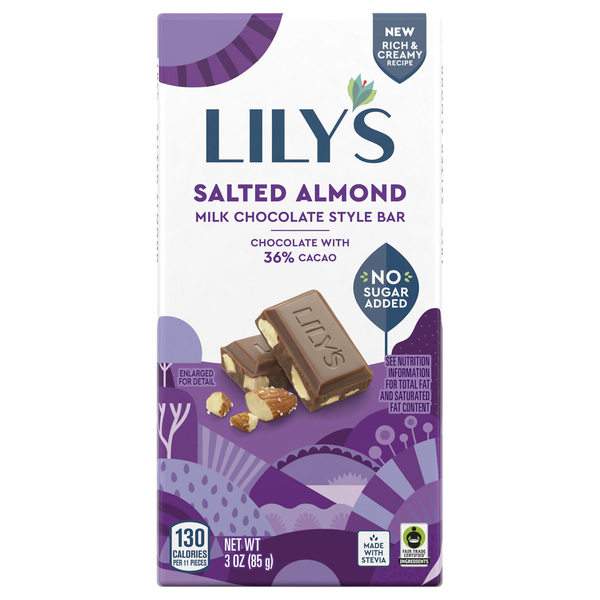 Lily's Gluten Free No Sugar Added Salted Almond Milk Chocolate Candy Bar