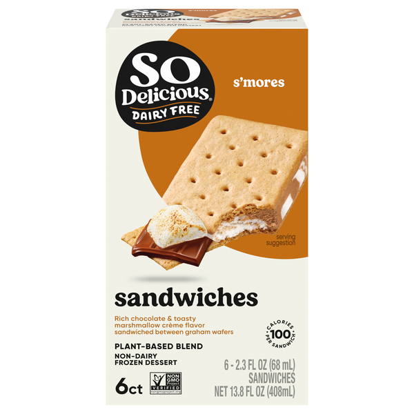 So Delicious Plant-Based S'mores Frozen Dessert Sandwiches - 6 ct