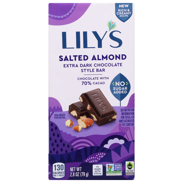 Lily's Gluten Free No Sugar Added Salted Almond X-Dark Chocolate Candy Bar