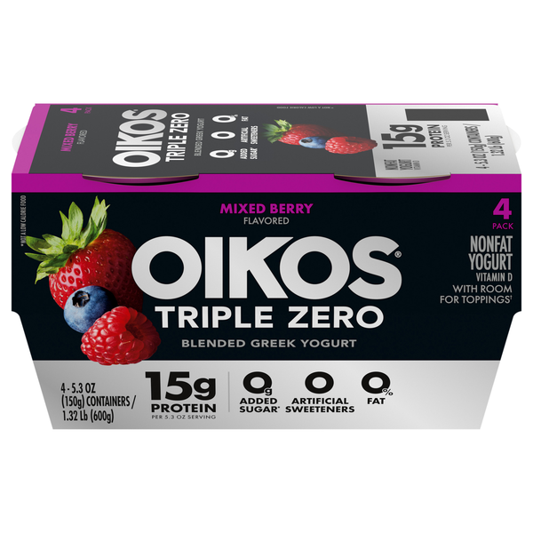 Oikos Triple Zero 15g Protein Non Fat Mixed Berry Greek Yogurt Cups - 4 ct