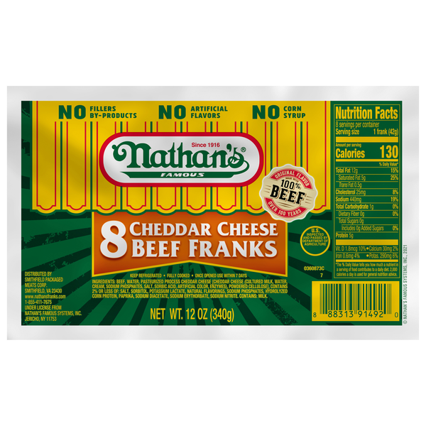 Nathan's Famous Cheddar Cheese Beef Franks - 8 ct