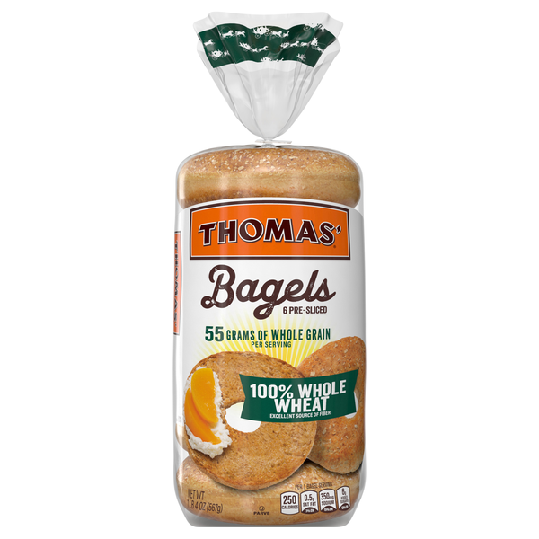 Thomas' 100% Whole Wheat Pre-Sliced Bagels - 6 ct