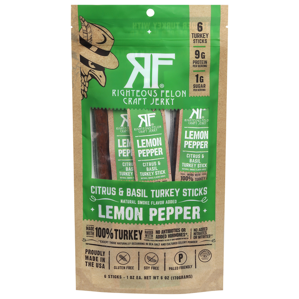 Righteous Felon Lemon Pepper Citrus & Basil Turkey Sticks - 6 ct