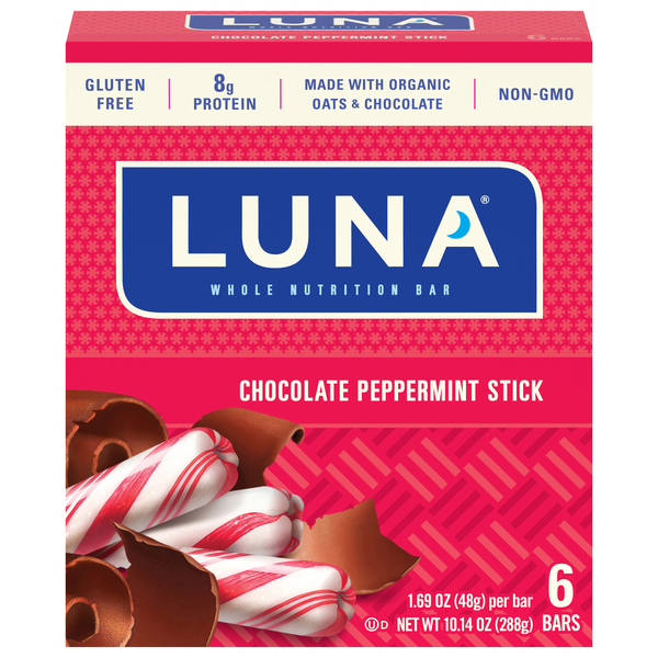 LUNA Organic Chocolate Peppermint Stick 8g Protein Nutrition Bar - 6 ct