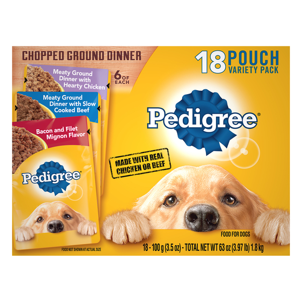 Save on Pedigree Chopped Ground Dinner Wet Dog Food Chicken Beef Bacon