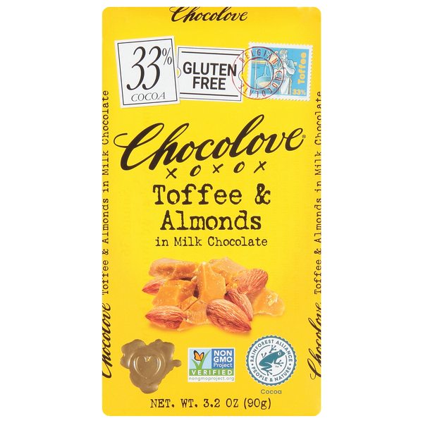 Chocolove Gluten Free Toffee & Almonds Milk Chocolate Candy Bar 33% Cocoa