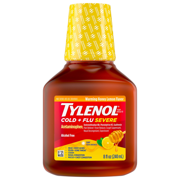 Tylenol Adults Cold & Flu Severe Acetaminophen Warming Honey Lemon Liquid