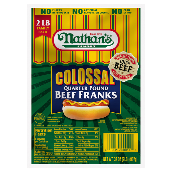 Nathan's Famous Colossal Quarter Pound Beef Franks Family Pack - 8 ct