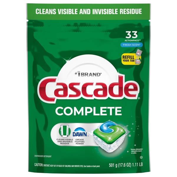 Cascade Complete Dawn Fresh Scent Dishwasher Detergent ActionPacs - 33 ct