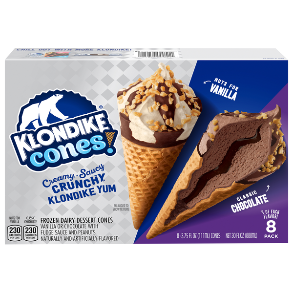 Klondike Cones! Classic Chocolate & Vanilla Dairy Dessert - 8 ct