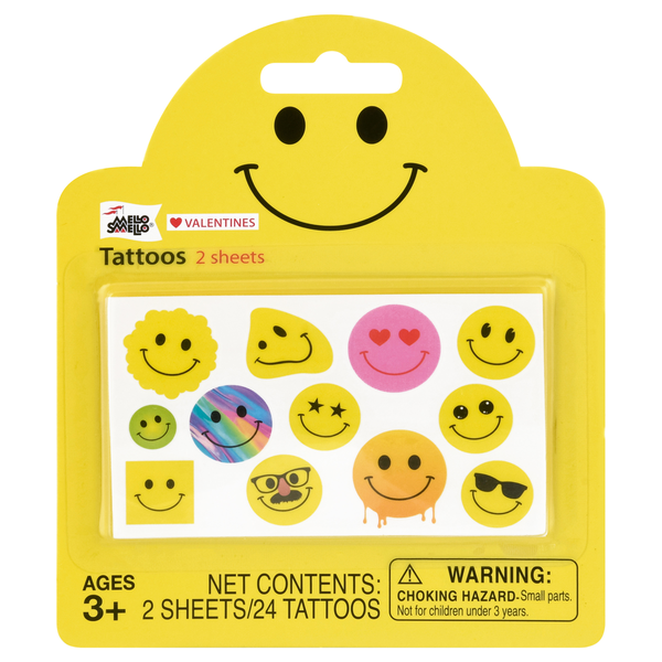 Mello Smello Smiley Face Valentine's Day Tattoos 2 Sheets