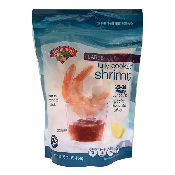 Hannaford Farm Raised Cooked Tail-On Peeled Large Shrimp 26-30 ct Frozen