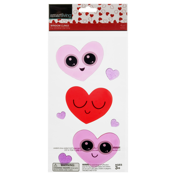 Smart Living Valentine's Day Window Clings Smiley Hearts Ages 3+