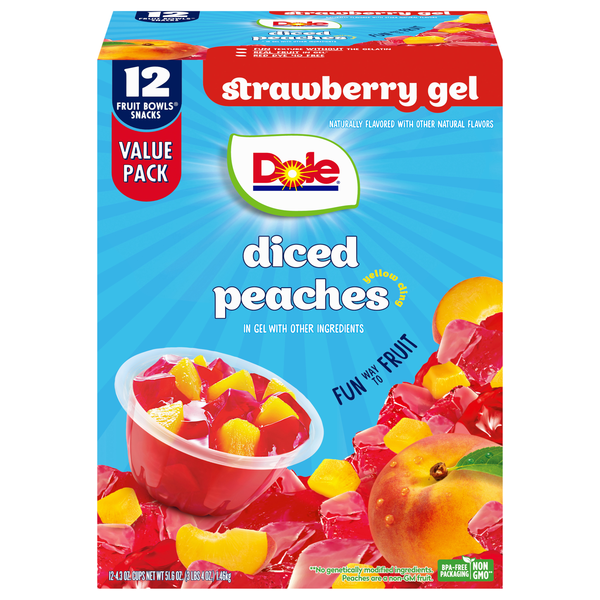 Dole Diced Peaches Fruit Cups in Strawberry Gel - 12 ct