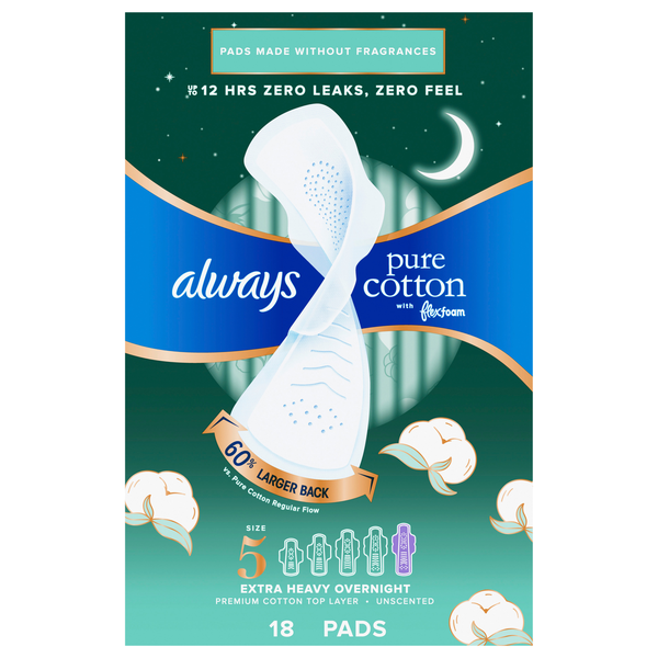 Always Pure Cotton Size 5 Unscented Extra Heavy Overnight Pads with Wings