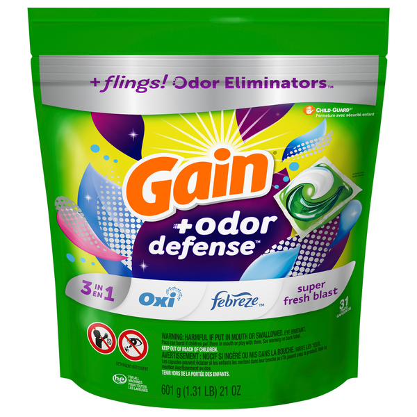 Gain Flings! + Odor Defense 3 in 1 Super Fresh Blast Detergent Pacs