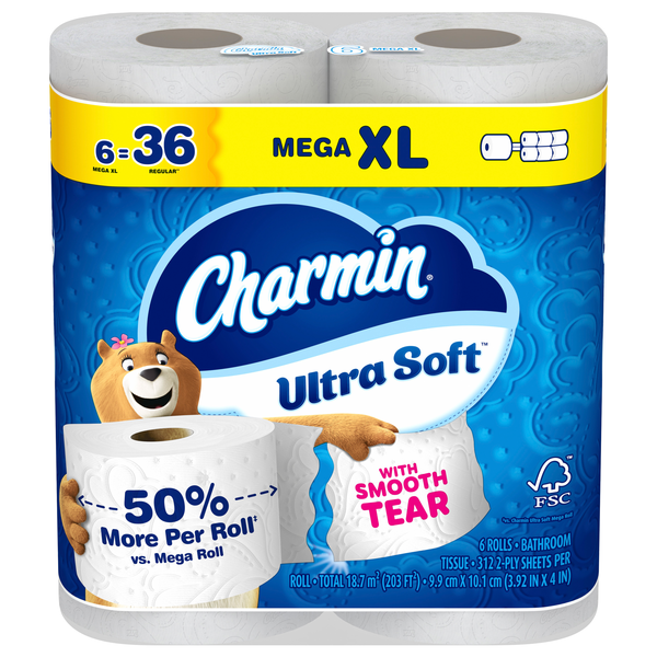 Charmin Ultra Soft Mega XL Roll 2-Ply Toilet Paper Unscented - 6 ct