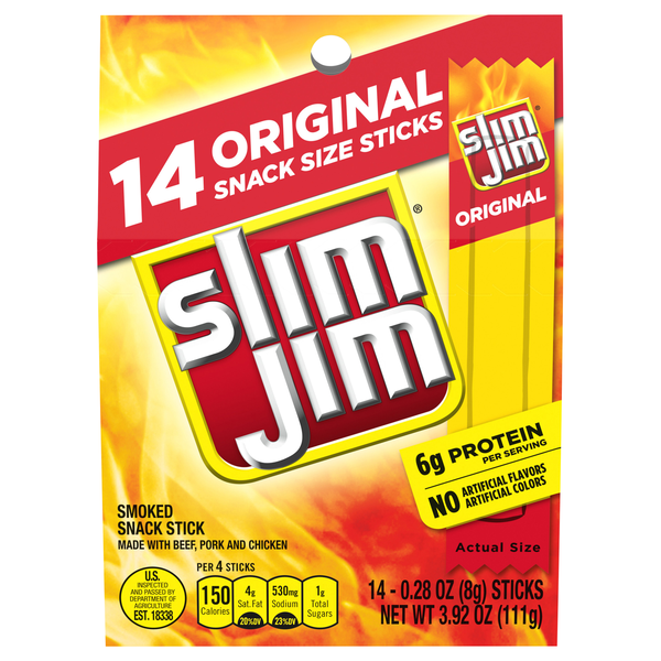 Slim Jim Original Protein Smoked Snack Size Meat Sticks - 14 ct