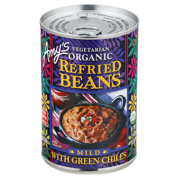 Save on Amy's Refried Beans with Green Chiles Mild Vegetarian Organic