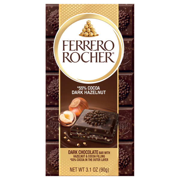 Ferrero Rocher Dark Chocolate Candy Bar with Hazelnut Filling 55% Cocoa