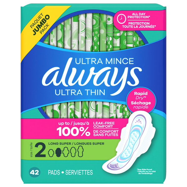 Always Ultra Thin Size 2 Unscented Long Super Pads with Wings
